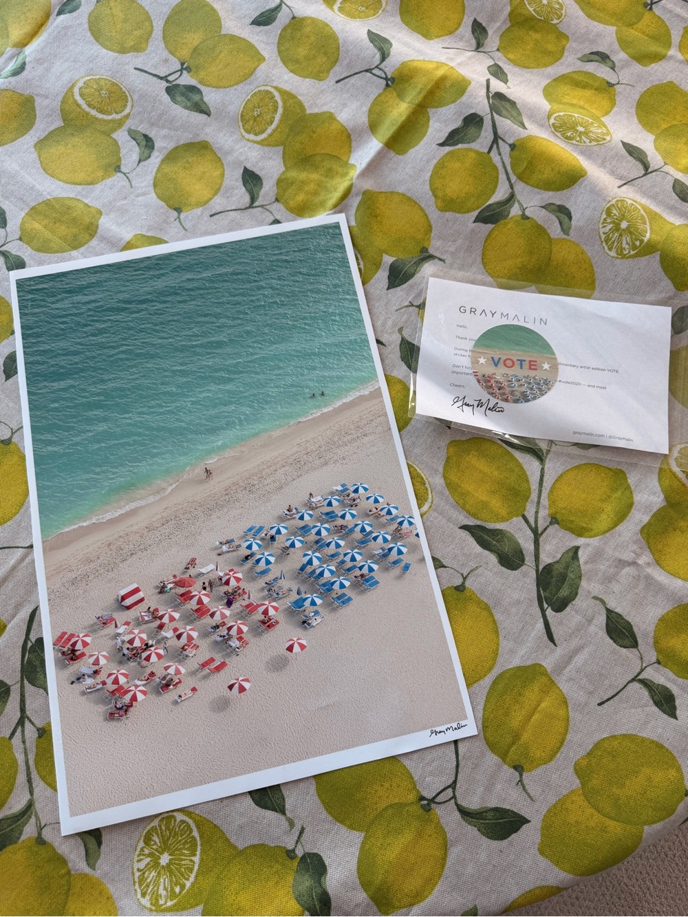 Gray Malin Coastal Beach Print with Yellow Lemons and Blue Sea